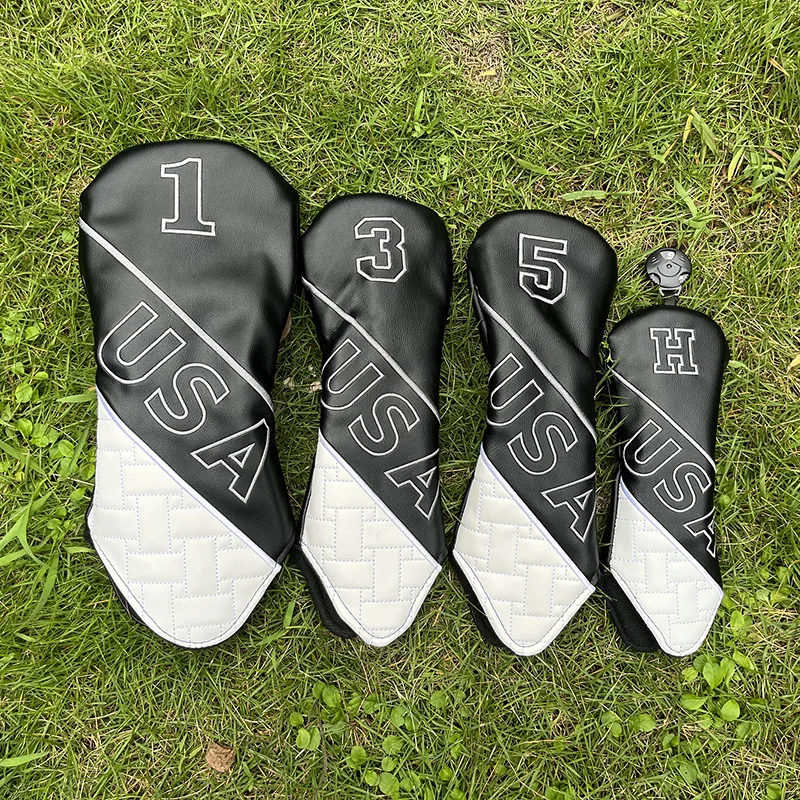 USA Design PU Leather Golf Head Covers Driver Fairway #3 #5 Hybrid Black