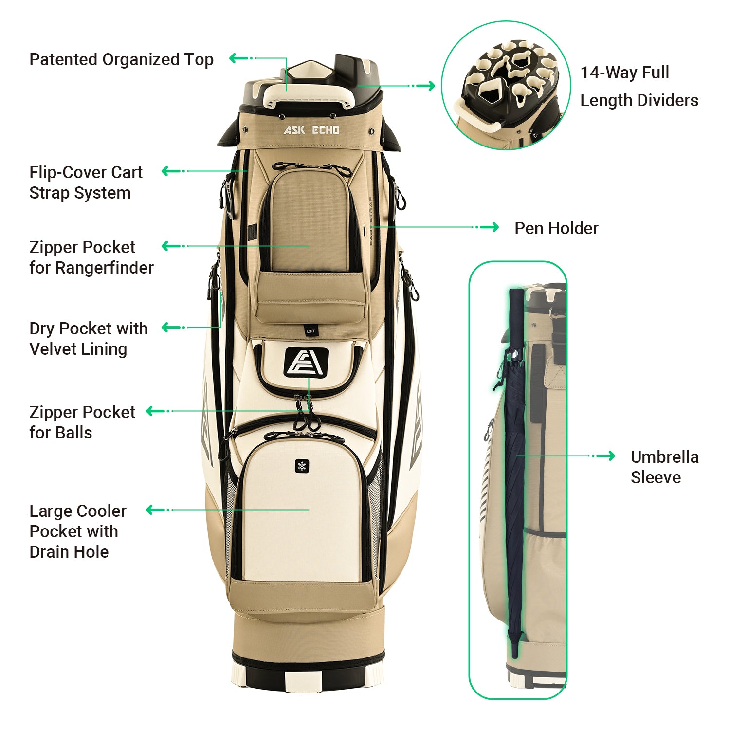 Ask Echo 2024 T-LOCK 14 Way Organizer Dividers Golf Soundless Cart Bag / Toasted Almond