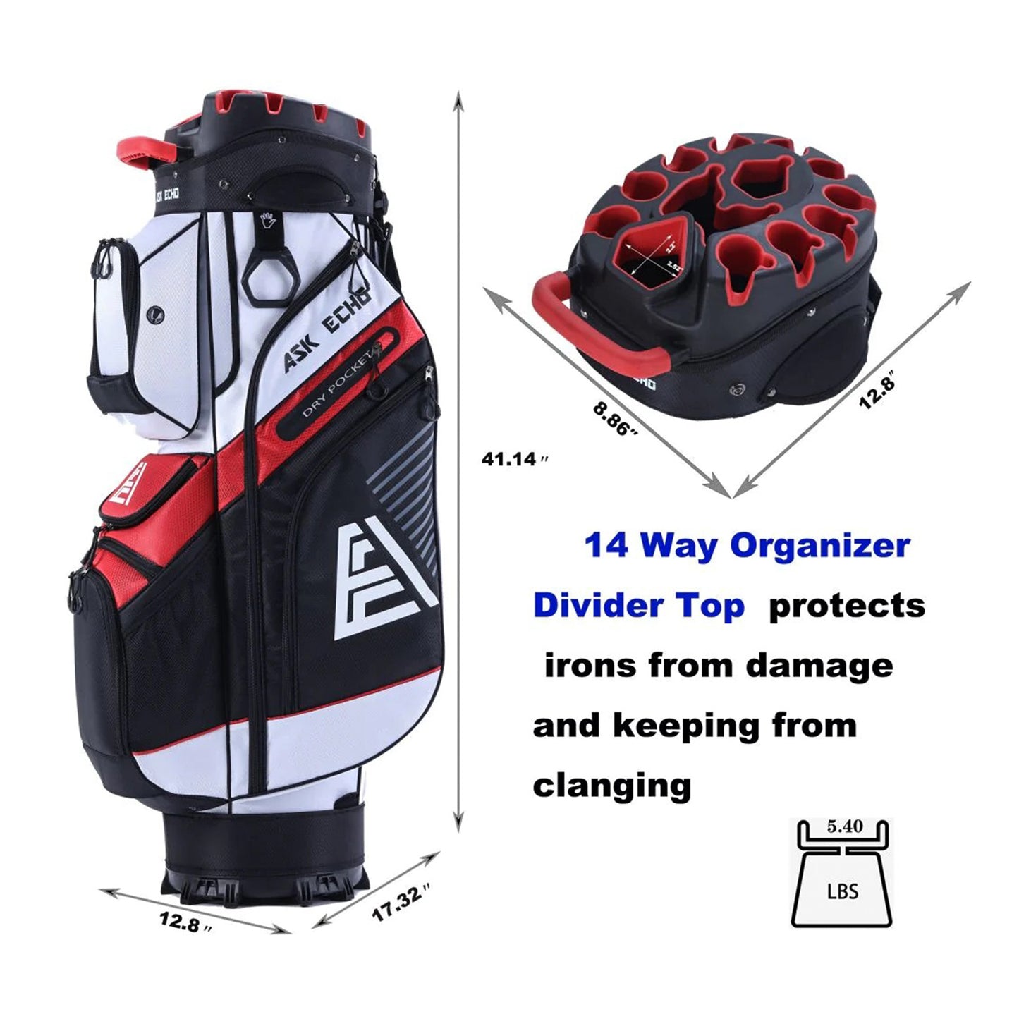 Askecho T-LOCK 2.0 Golf Cart Bag  With 14 Way Organizer Divider Silent Top / White